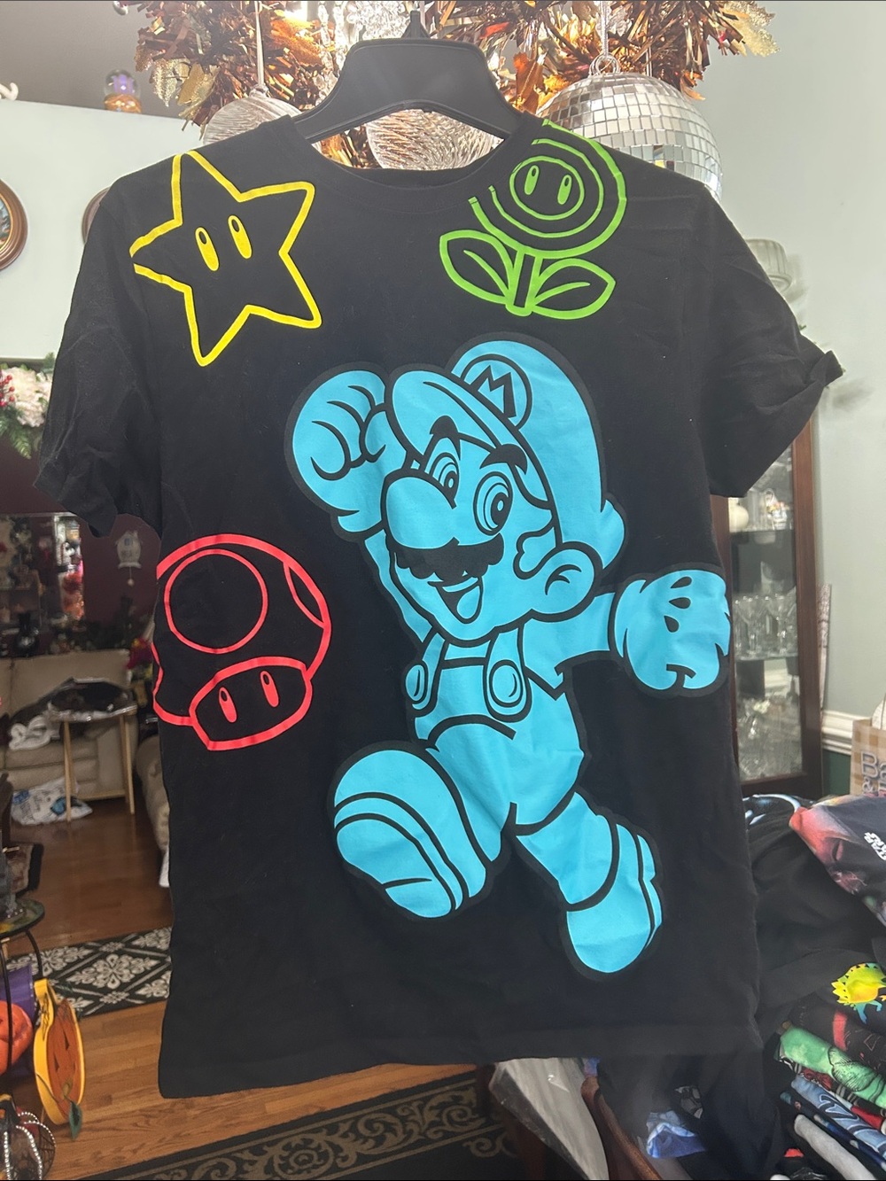 Nintendo Black Tee with Neon Blue Mario and Multicolor Icons